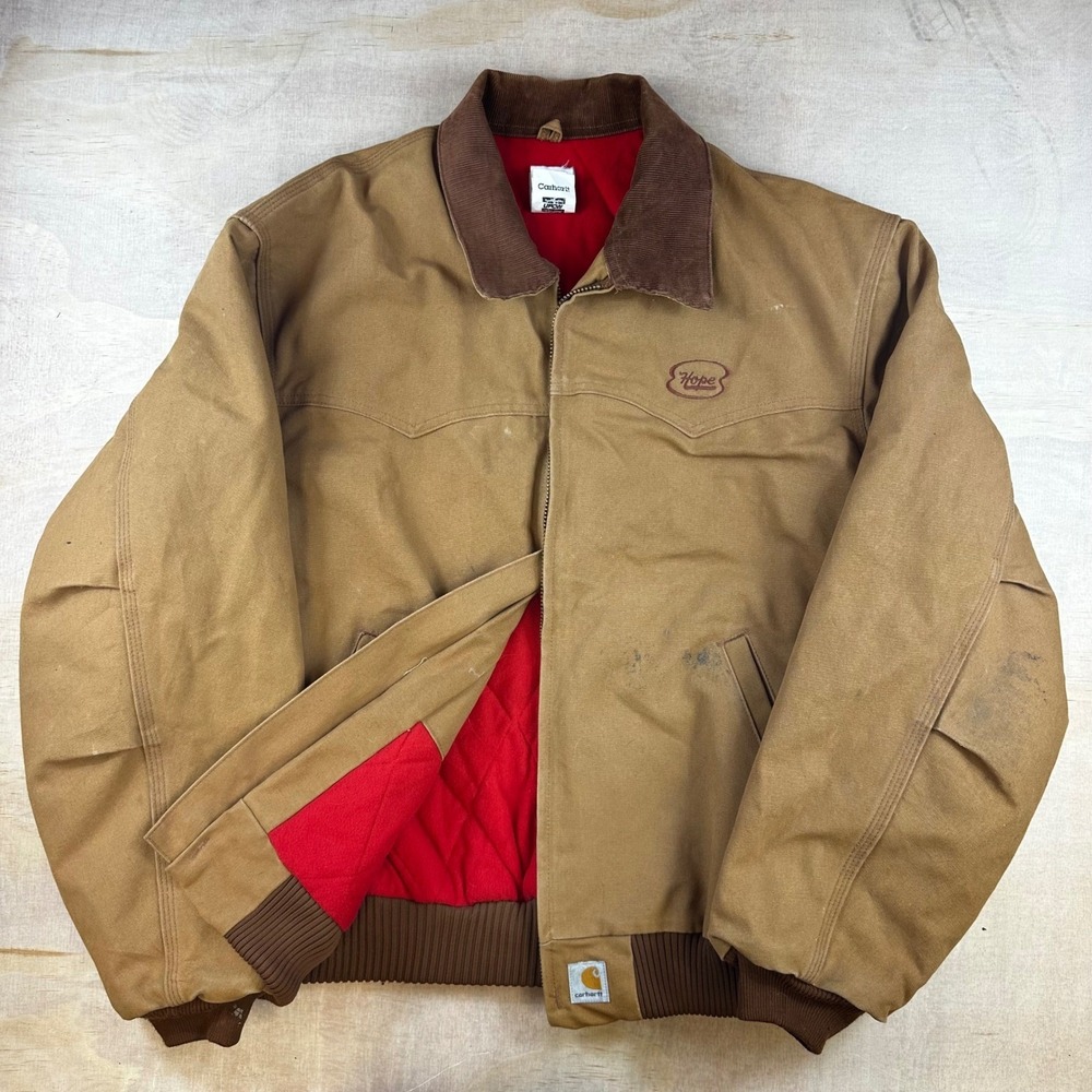 Carhartt J13 BRN Santa Fe Jacket Mens 2XL Brown Duck Canvas Quilted Red Lining